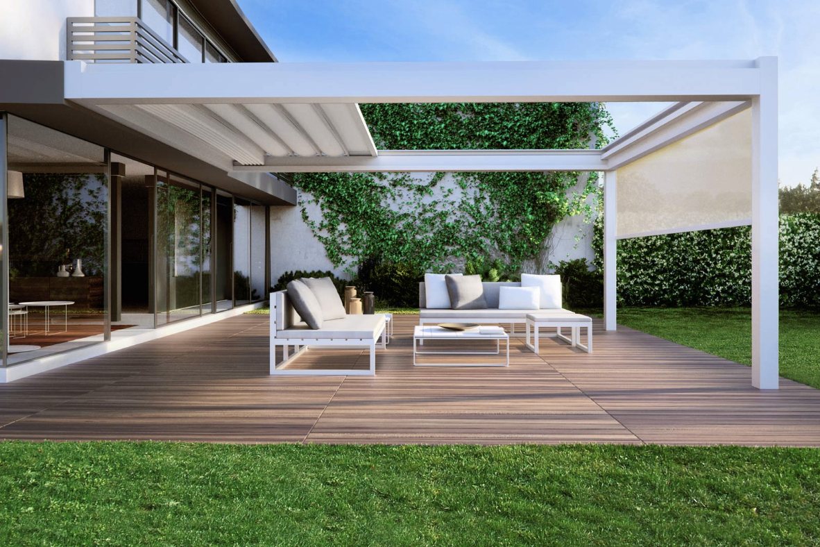 Pratic Lamellendach-Pergola über einer modernen Terrasse